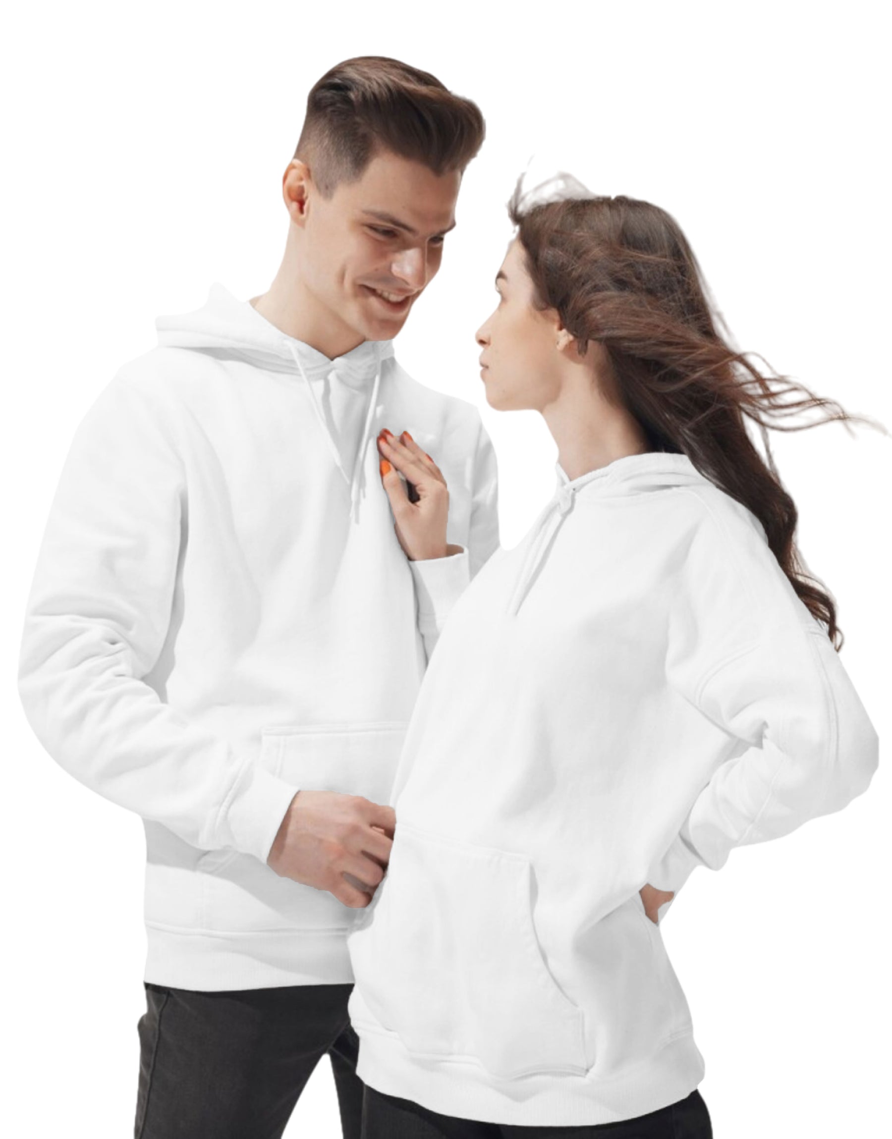sudadera de felpa para sublimar de dama y caballero con gorro y cangurera